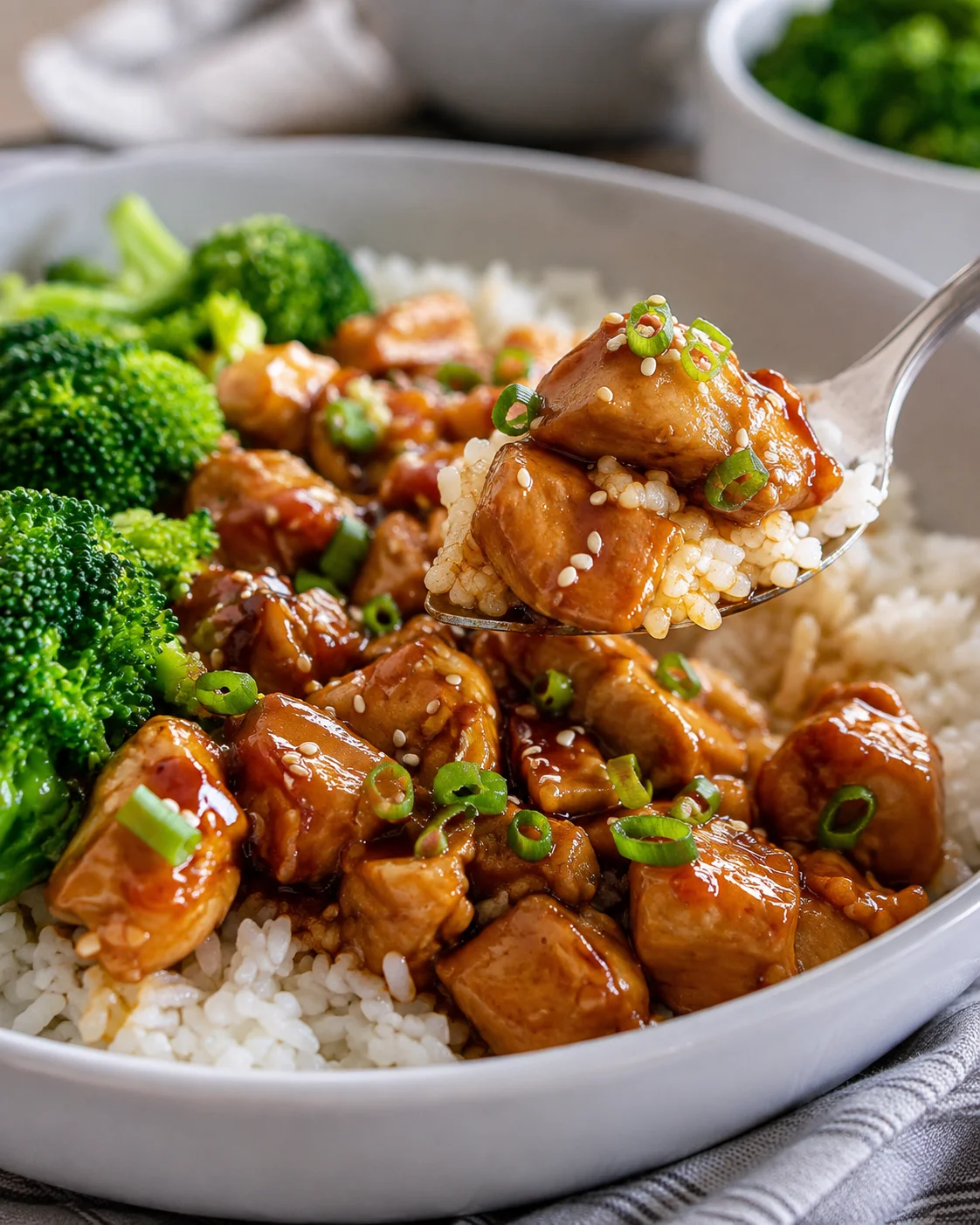 Teriyaki chicken rice bowl with broccoli and a spoonful of chicken and rice