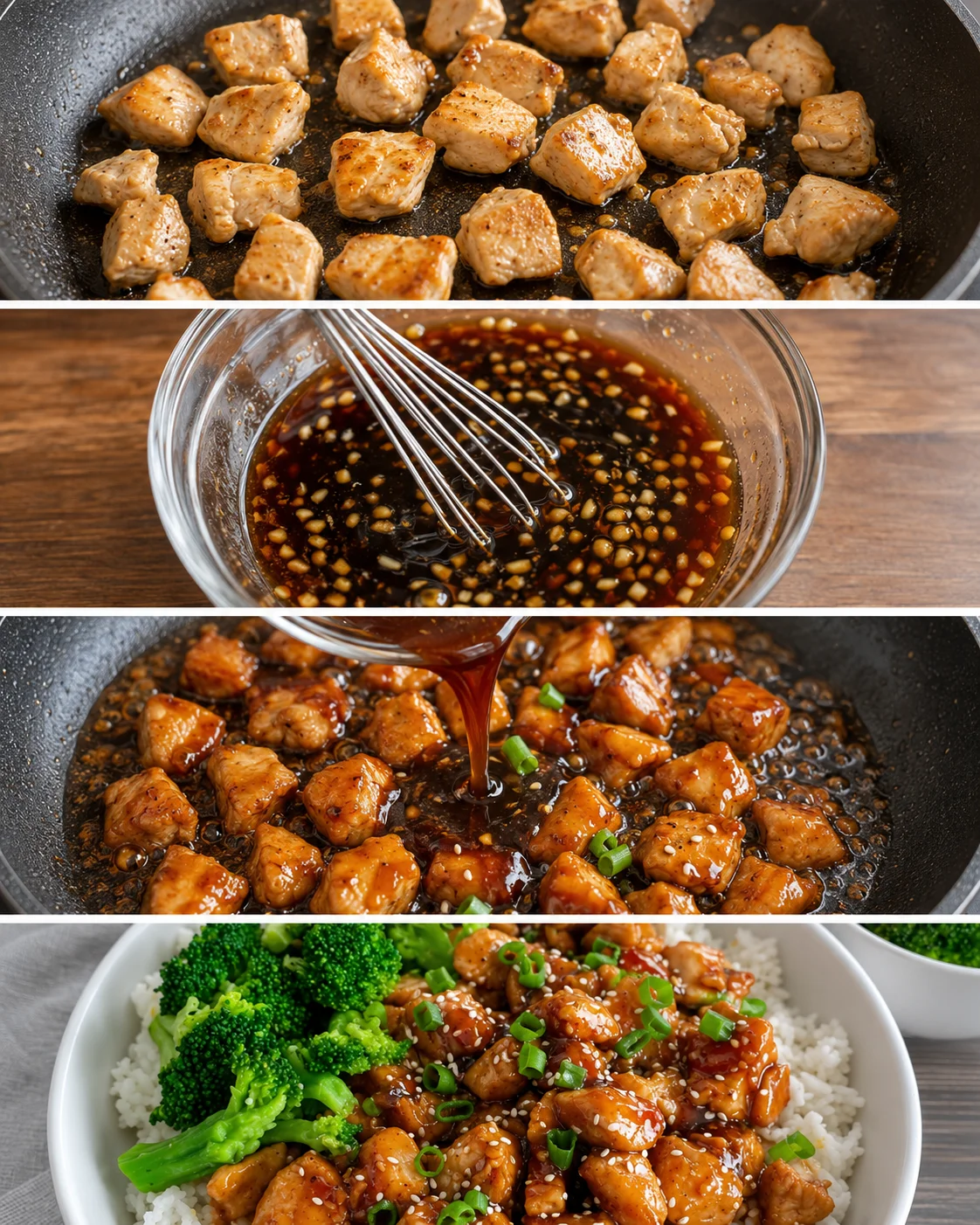 Four-panel process image showing chicken browning, sauce whisked, sauce poured and finished bowl
