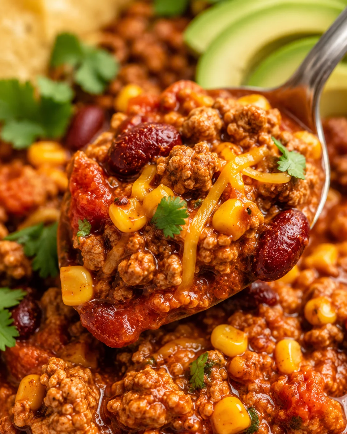 Close-up spoonful showing texture and interior of healthy turkey chili with corn and shredded cheese