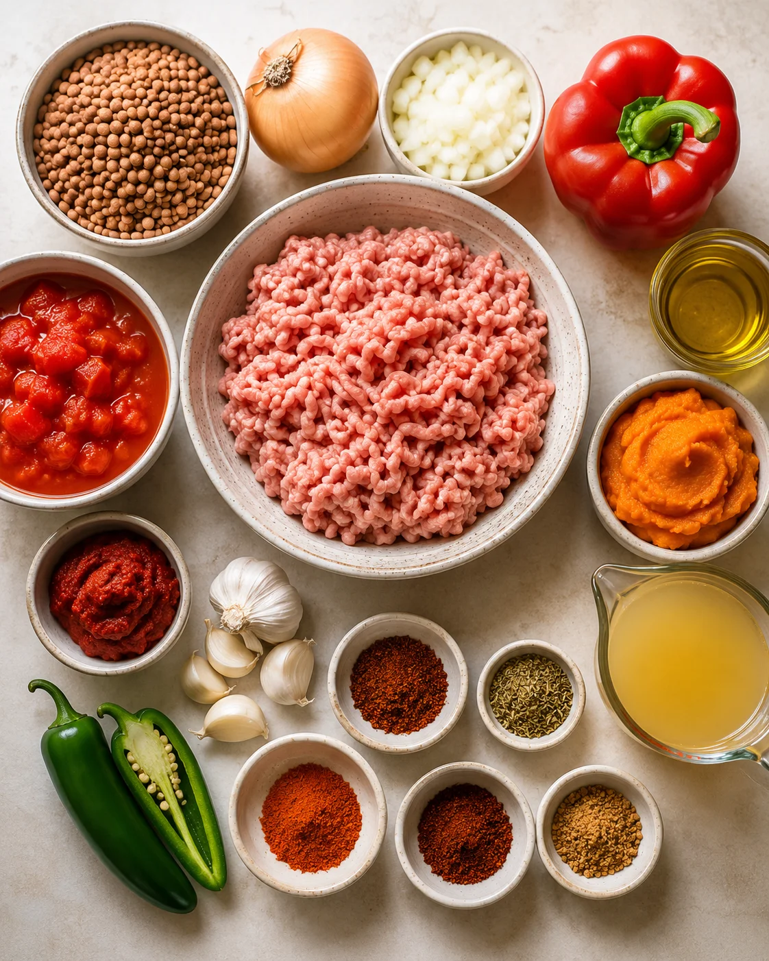 Top-down arrangement of ingredients including ground turkey, lentils, diced tomatoes, pumpkin puree, spices, onion, pepper and broth