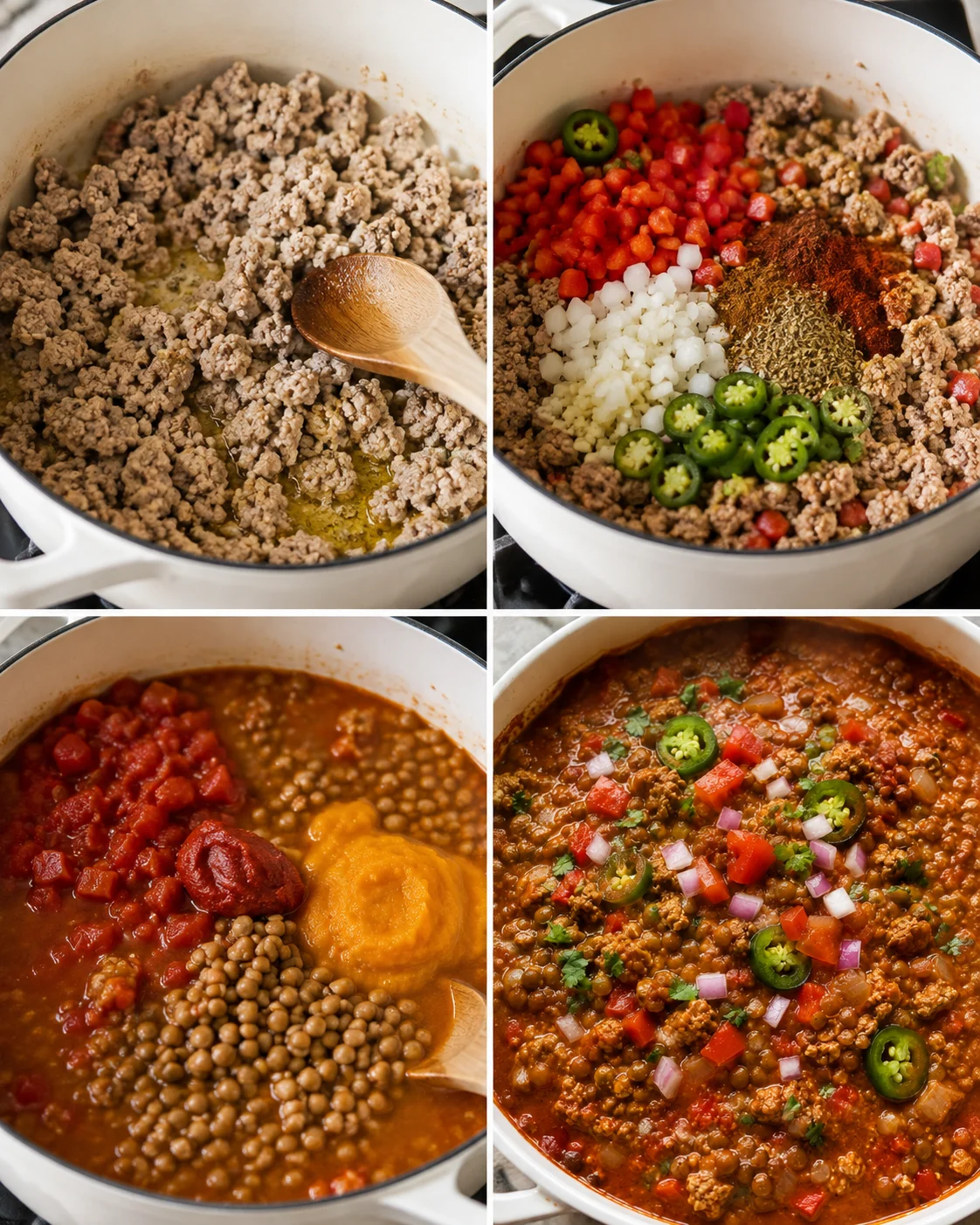 Collage of four cooking steps: browning turkey, adding aromatics and spices, adding tomatoes and lentils, and finished chili in pot