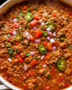 Top-down view of turkey lentil chili in a pot topped with jalapeño slices, diced red onion and cilantro