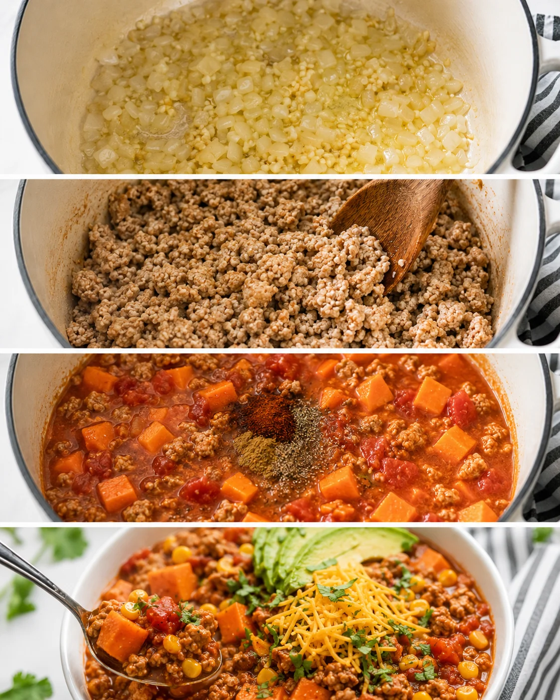 Four-panel collage showing sautéing onions and garlic, browning turkey, adding tomatoes and spices, and the finished bowl