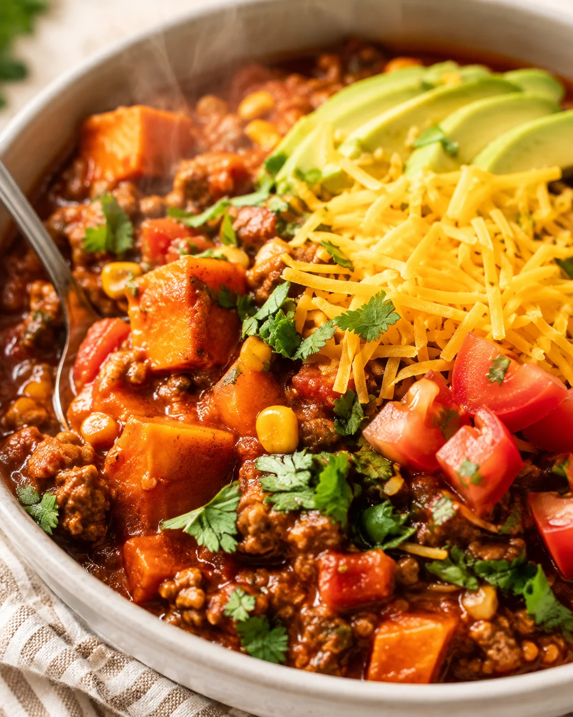Bowl of turkey sweet potato chili topped with shredded cheddar, avocado slices, and cilantro