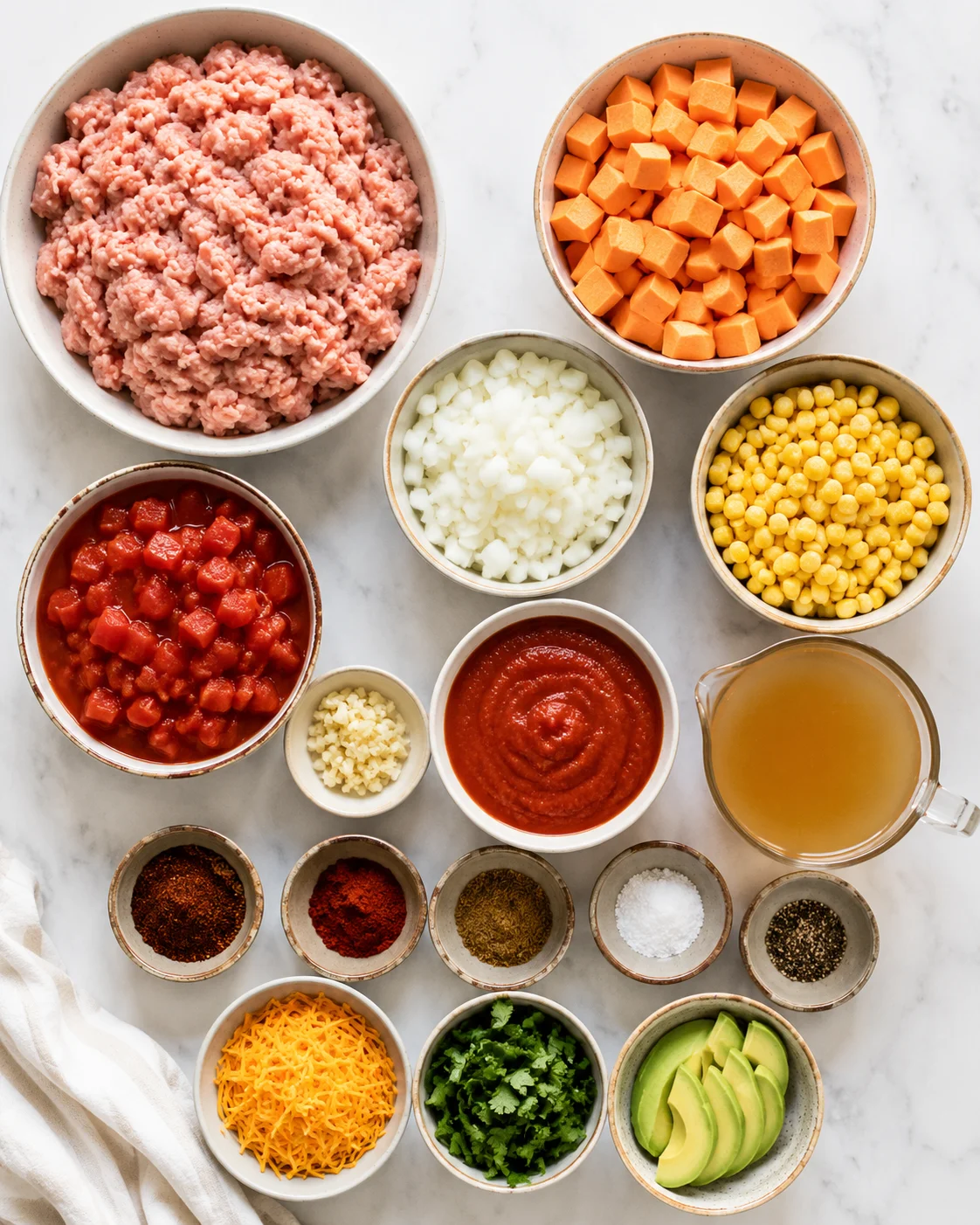 Top-down arrangement of ingredients for turkey sweet potato chili including ground turkey, cubed sweet potato, onions, corn, tomatoes, sauce, broth, spices, and