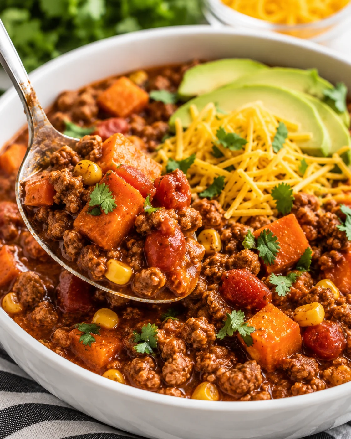 Spoon lifting a portion of turkey sweet potato chili from a bowl topped with avocado and cheese