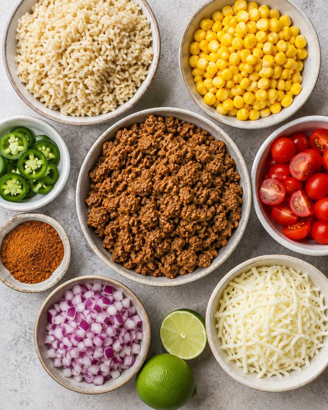 Top-down bowls of brown rice, corn, seasoned turkey, cherry tomatoes, red onion, shredded cheese, jalapeño and lime
