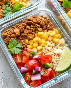 Turkey taco meal prep bowl in a glass container with seasoned turkey, corn, brown rice, pico de gallo and a lime wedge