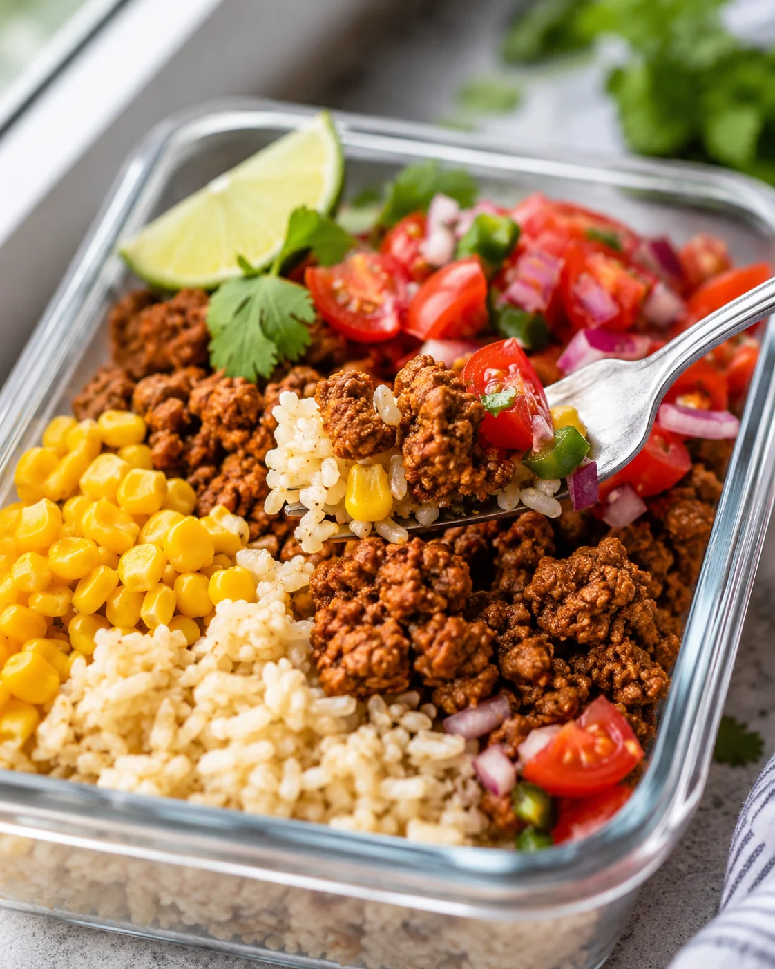 Fork lifting a bite from a turkey taco meal prep bowl with seasoned turkey, rice, corn and pico de gallo