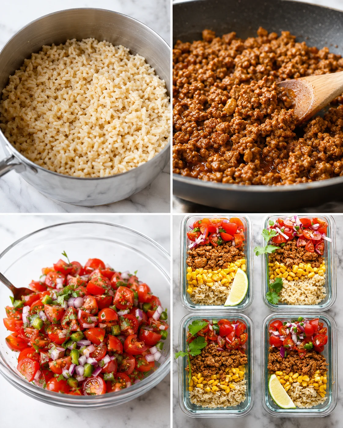 Collage showing cooked rice, turkey in a skillet, pico de gallo in a bowl and four assembled meal prep bowls