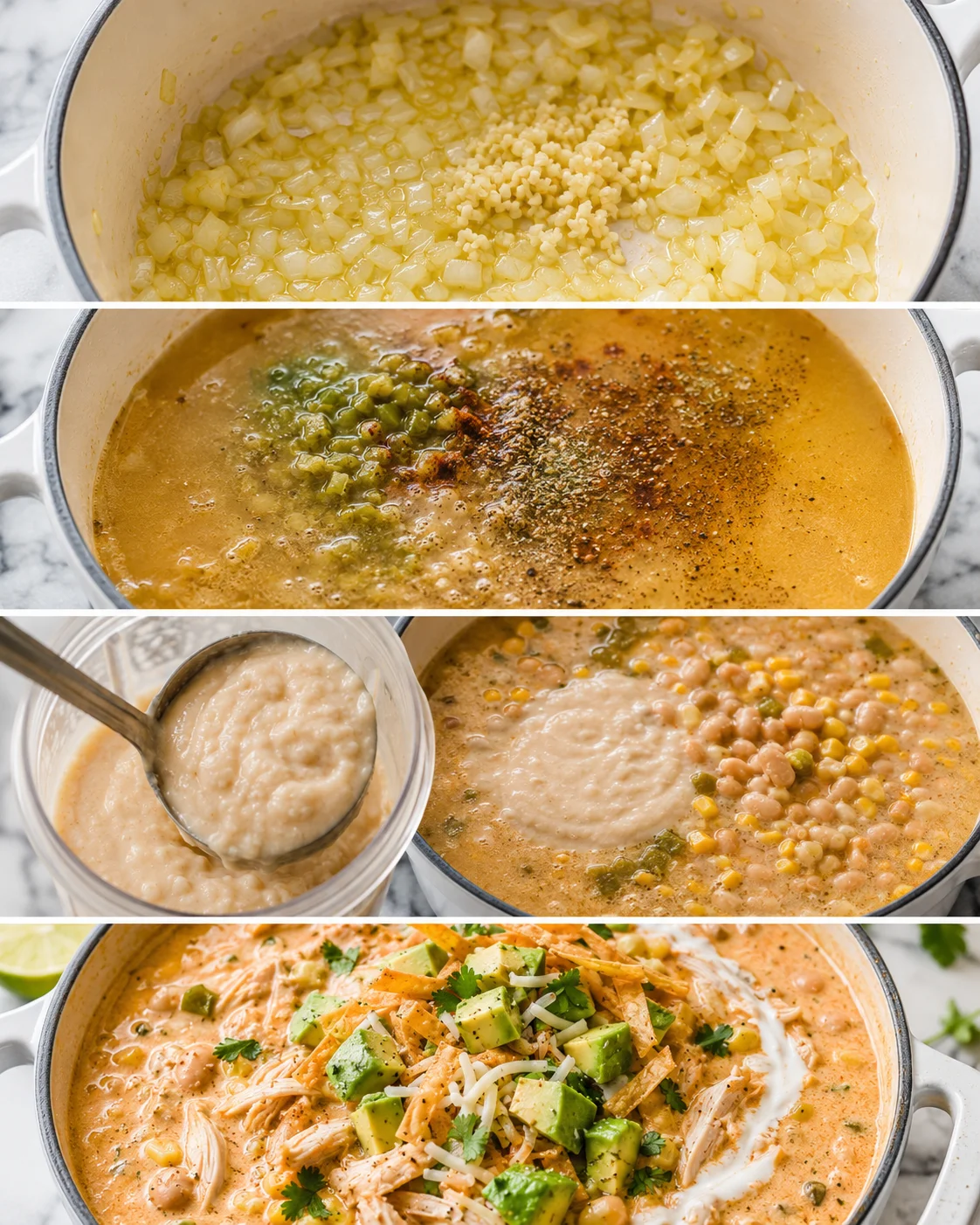 Four-panel sequence showing sautéed onions, spices added, pureed beans and finished chili in the pot