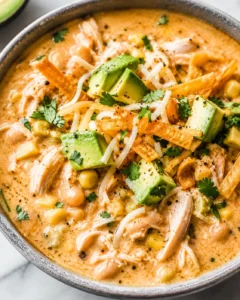 Bowl of white chicken chili topped with avocado, shredded chicken, cheese and tortilla strips