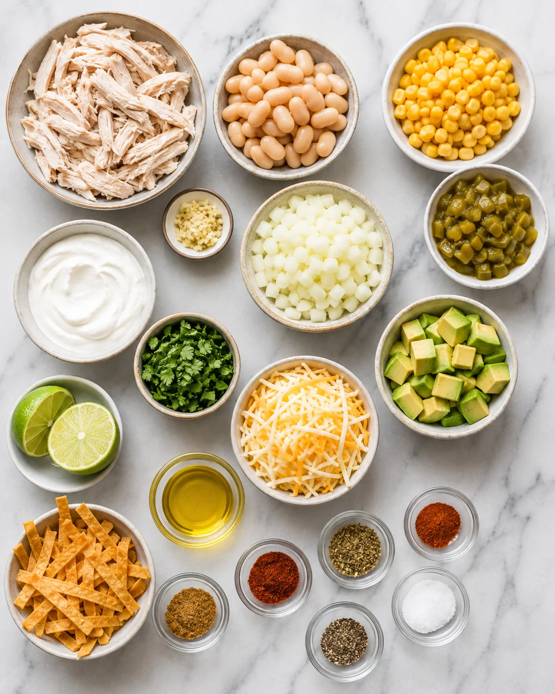 Top-down arrangement of ingredients for white chicken chili including chicken, beans, corn, onion, spices and garnishes