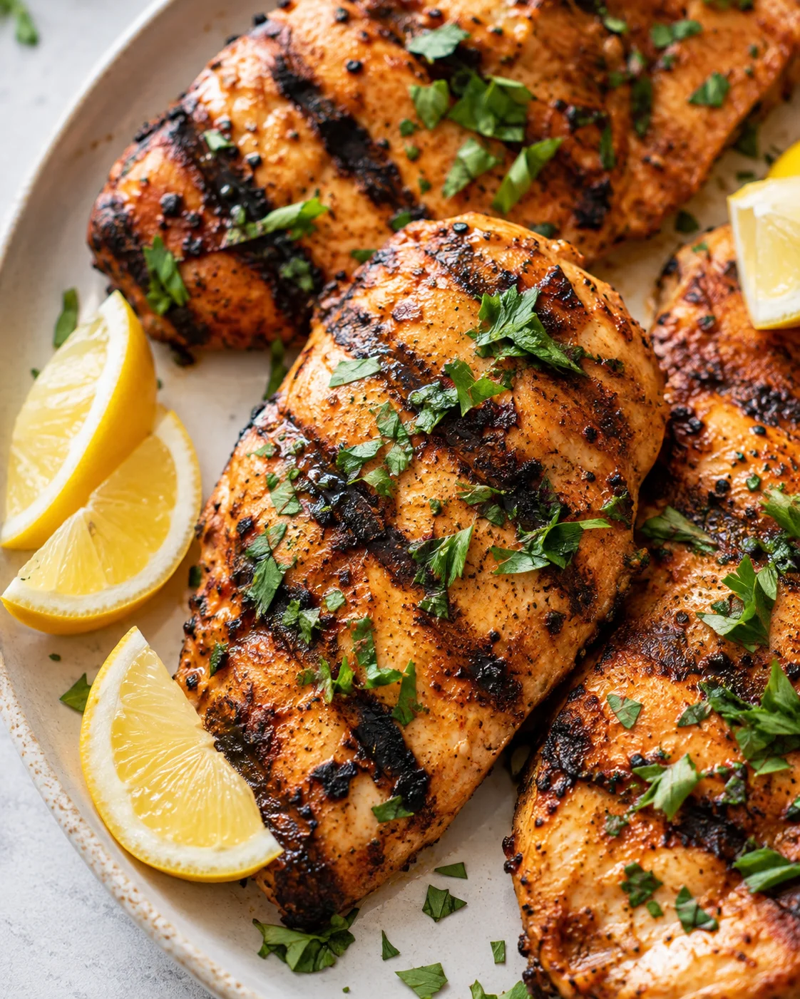 Grilled yogurt-marinated chicken breasts with lemon wedges and chopped parsley
