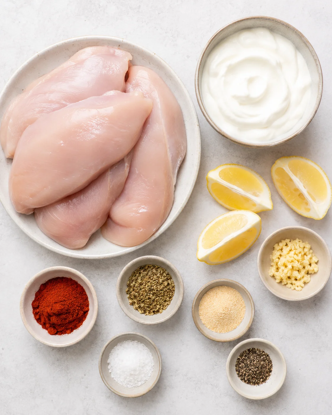 Top-down layout of raw chicken breasts, Greek yogurt, lemon wedges and small bowls of spices
