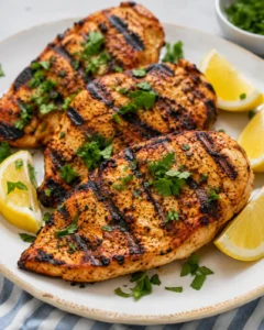 Plated yogurt-marinated chicken breasts with char marks and lemon wedges