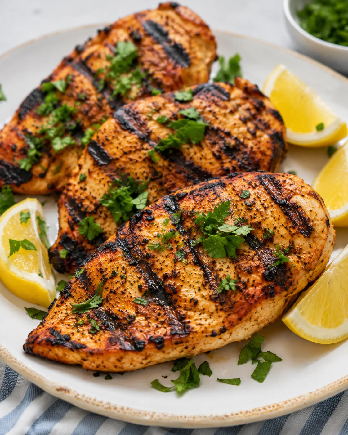 Plated yogurt-marinated chicken breasts with char marks and lemon wedges