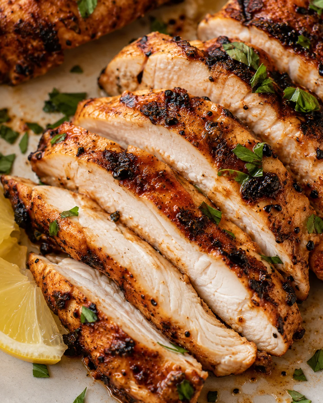 Sliced yogurt-marinated chicken breast showing moist interior and caramelized exterior