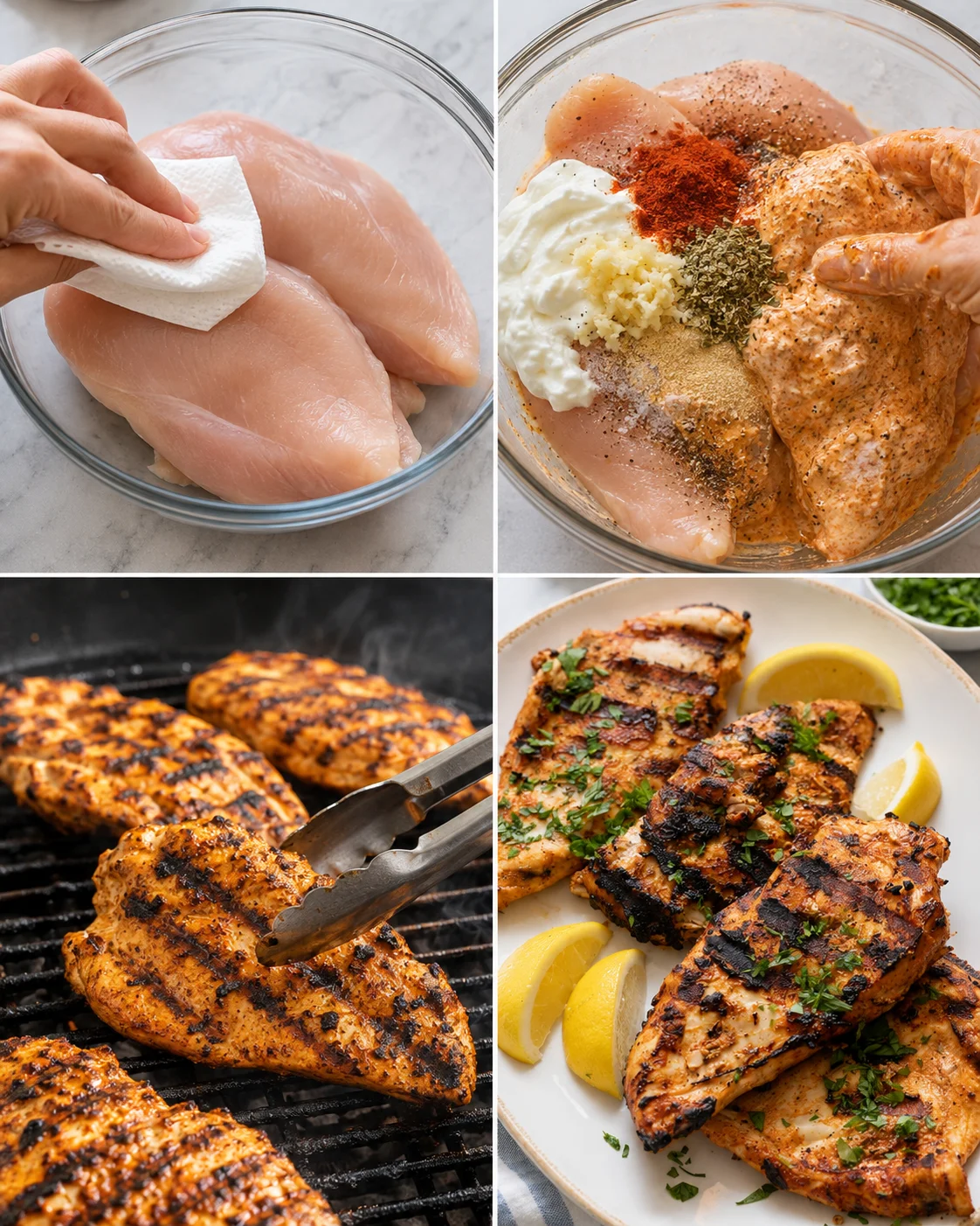 Four-panel collage showing prepping, mixing marinade, grilling, and plated chicken