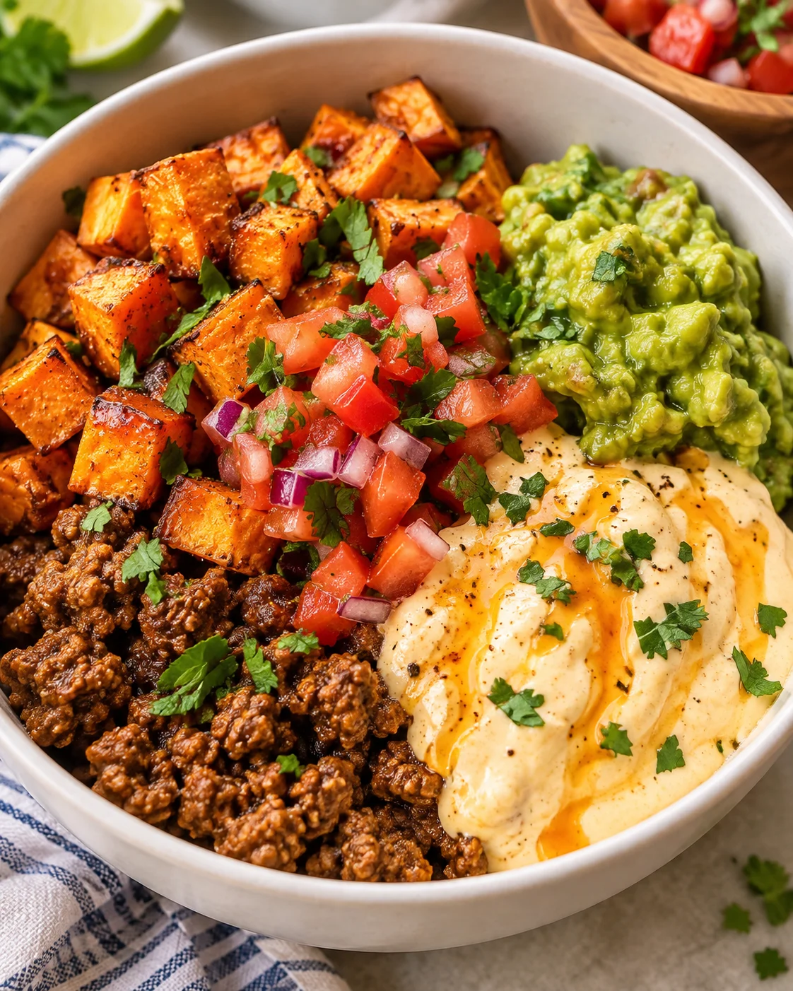 Southwest Ground Beef Bowl with Cottage Cheese Queso texture