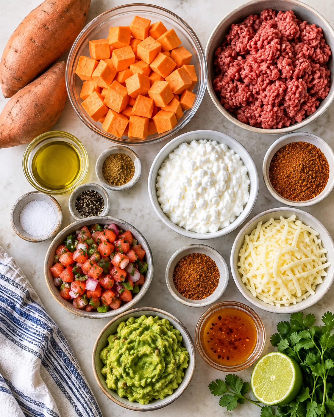 Southwest Ground Beef Bowl with Cottage Cheese Queso ingredients