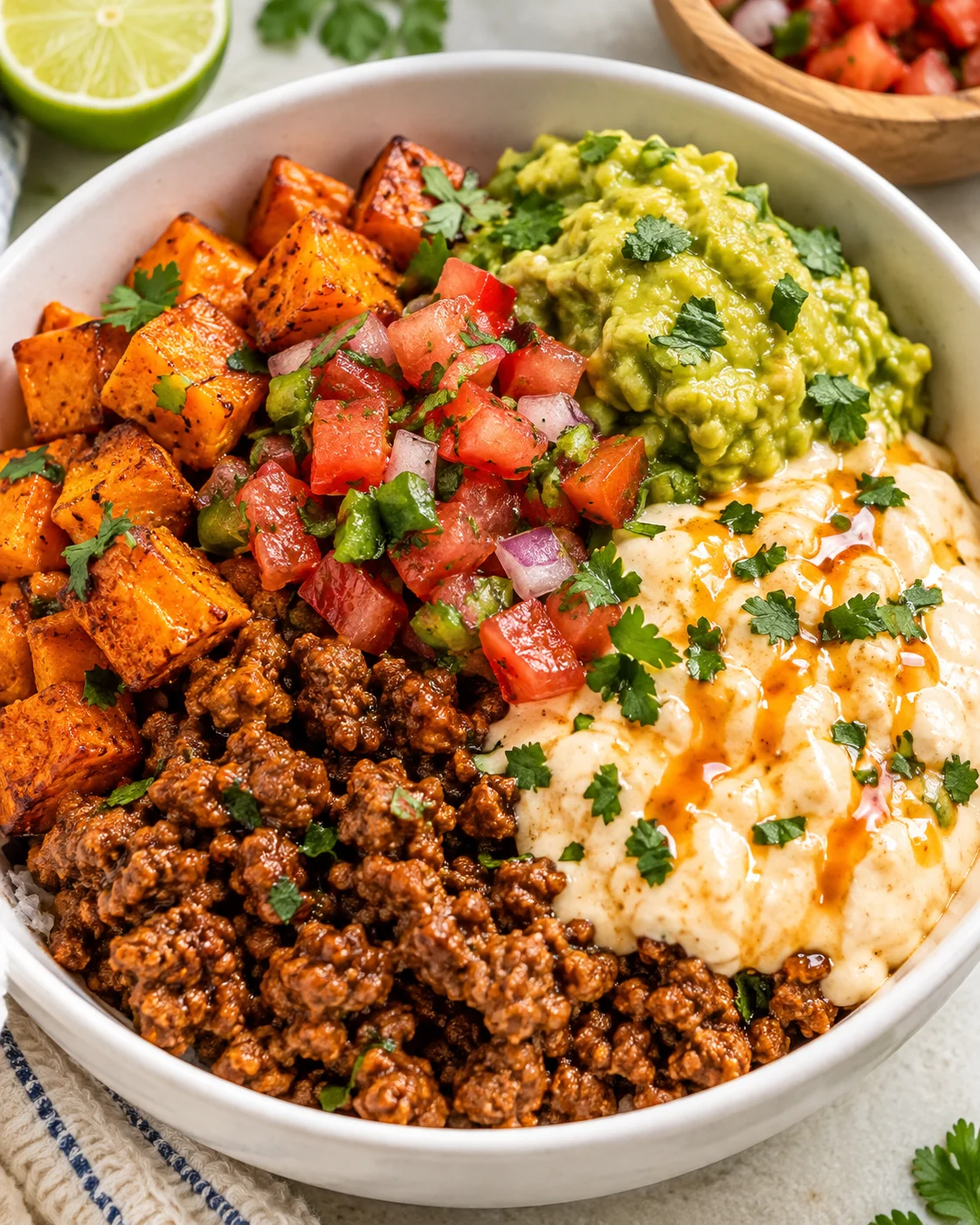 Southwest Ground Beef Bowl with Cottage Cheese Queso hero